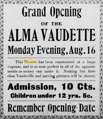 Regent Theater - 12 Aug 1909 - Alma Record (newer photo)